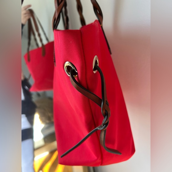 Dooney & Bourke Red Canvas Tote • Brown Leather Trim • Large Shoulder Bag - Picture 8 of 12